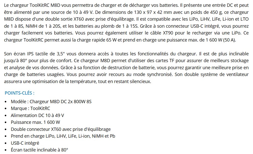 descriptif Chargeur ToolkitRC M8D Dual